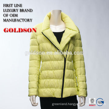 Female slant zipper yellow goose down jacket with elastic thread